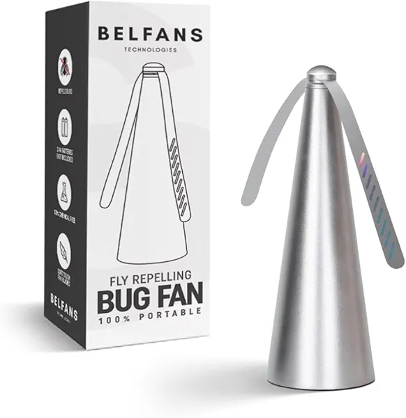 Belfans FlyRepellent Fan for Tables – USB Powered/AA Battery Powered, Soundless Fly Swatter with Holographic Blades – Portable Fly Fan for Bees, Wasps & Outdoor Use (1, Silver)
