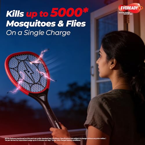 Image of Eveready PowerZap Pro Mosquito Racquet with LED Light & Large Mesh Area, Powered by 500mAh Li-Ion Battery, Kills up to 5000 Mosquitoes & Flies on a Single Charge, Shock-Resistant,12-Months Warranty