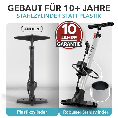 Fahrradpumpe alle Ventile * Test SEHR GUT - 10 Jahre GARANTIE * Leistungsstarke Luftpumpe Fahrrad– Fahrradpumpe Französisches Ventil - Standpumpe mit Manometer - Pumpe Standluftpumpe