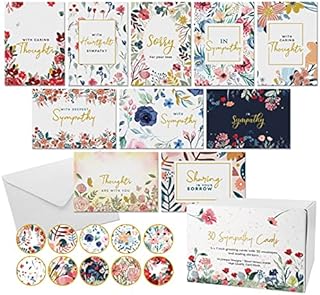 Dessie 30 Gold Foil Sympathy Cards with Greetings Inside. Large, 5x7 Inch Greeting Cards With Envelopes, Matching Sealing Stickers, Sturdy Storage Box
