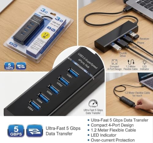 Image of USB 3.0 Hub 4 Port High Speed USB Splitter Adapter, USB Expansion Hub with 4 Data Ports, Portable Plug & Play Multi Adapter for Laptop, Computer, MacBook & Windows PC