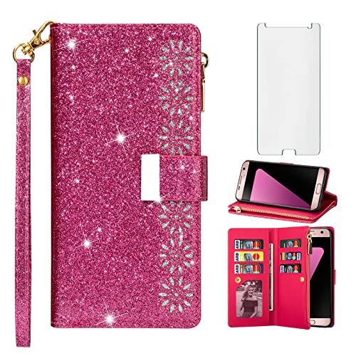 Housse de protection Samsung S7 anti-choc zippée avec verre trempé rose rouge