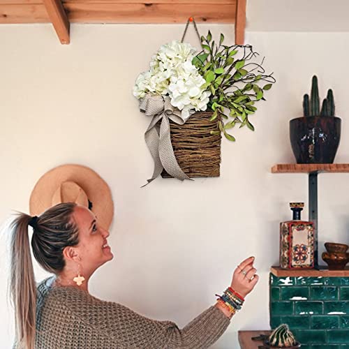 White Hydrangea Wildflowers Door Hanging Basket Wreath, Spring Wreath For Front Door, Spring Welcome Sign Artificial Flowers For Porch Farmhouse Home Spring And Summer Decor #TOP3