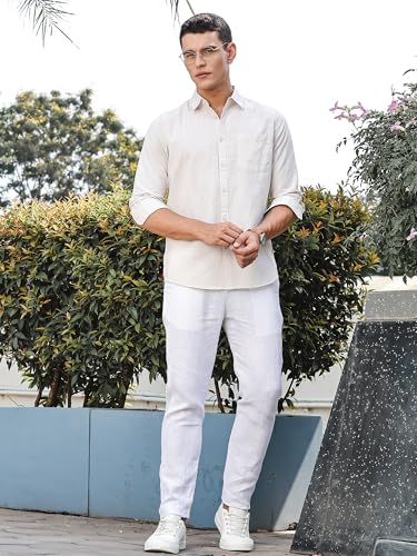 Image of Thomas Scott Men's | Solid | Premium Linen Blend | Spread Collar | Summer Wear | Long Sleeve | Shirts for Men