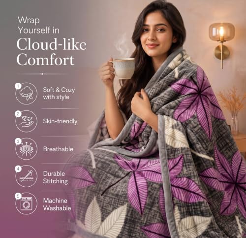 Image of BSB HOME 280 GSM Micromink Blanket, 2.5 Kg Premium Soft Warm Cozy Blanket, Plush Floral Printed Winter Blanket for Single Bed, Ultra Soft Comfortable Bedding,60 x 88 Inches(152 x 220cm)-Orchid Purple