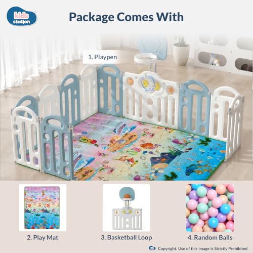 Image of Kids Station Baby Play Yard with Playmat, 20 Balls & Basketball Hoop, Bear Theme 150 x 180, Secure Playpen for Infants & Toddlers, Mesh Sides, Home Safety (Blue)
