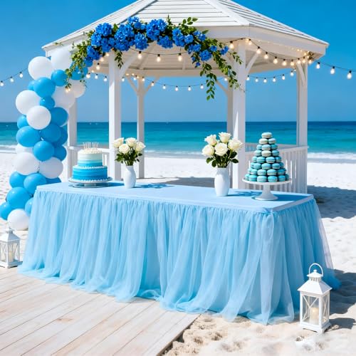 Yoquare 1-Pack Blue 2-in-1 Tulle Tablecloth for 8-Foot Rectangular Table – Stretch Fitted Table Skirt & Cover for Baby Shower, Bridal, Birthday, Princess Party by Yoquare - Used condition - Image 5