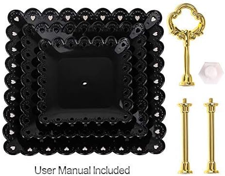 Black Square Plate 3 Tiered Serving Stand Tray Cake Stands Cupcake Holder Dessert Stand Table Decorations for Party Kids Birthday Tea Party Baby Shower Set of 2