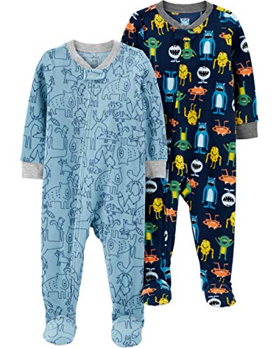 Carter's Baby Boys 2-Pack Loose Fit Fleece Footed Pajamas, Monsters/Blue Mooses, 18 Months