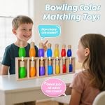 Pamexin Jeux de famille pour les enfants, jeu de correspondance couleur de bowling en bois avec 7 Pins brillants et sac de rangement, Jeux de société de famille Cadeau d'anniversaire de fête, jeu de fête amusant pour les garçons filles