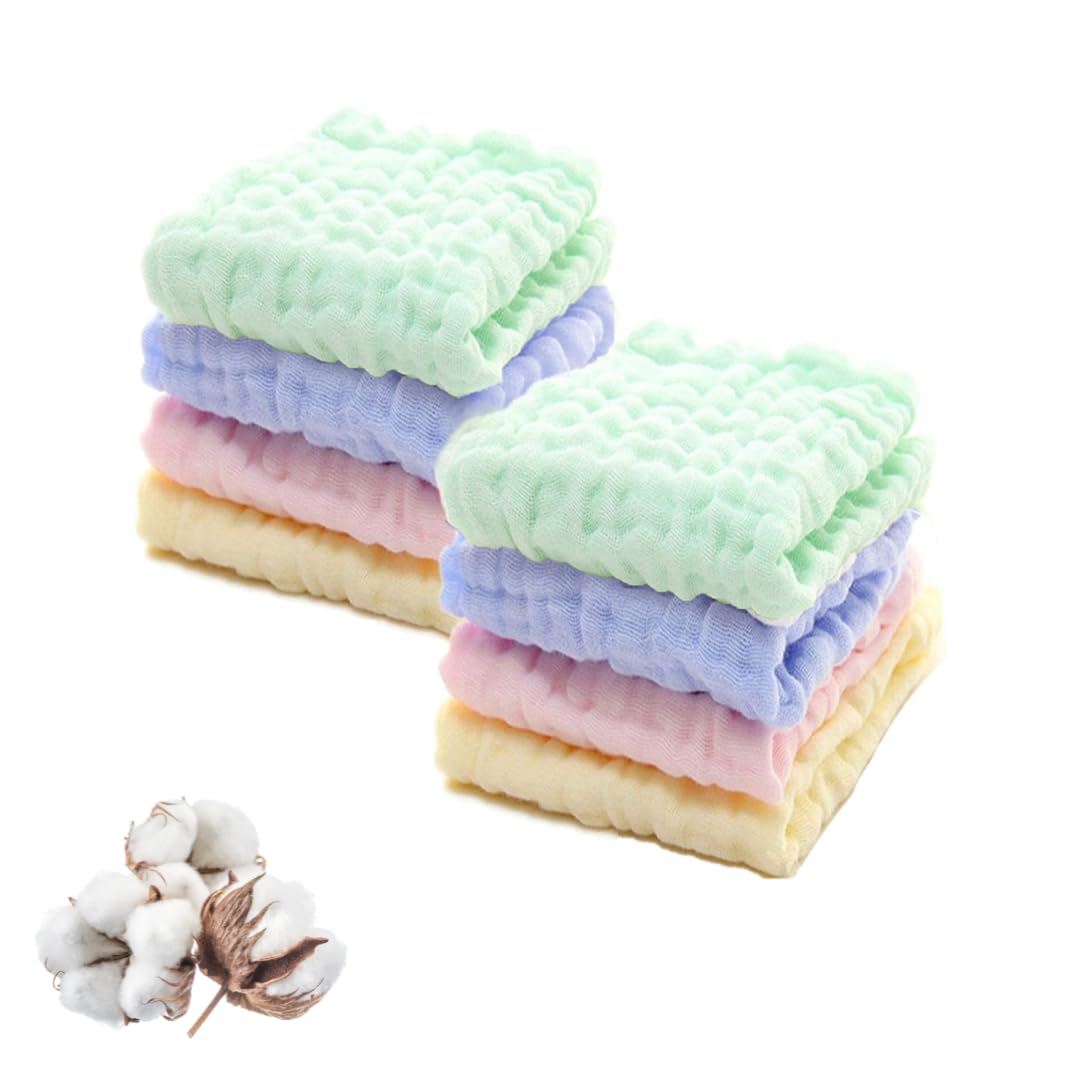 Cubble Pack of 8 Muslin Baby Washcloths – 6-Layer, 100% Cotton 30x30 cm Reusable Towels, Ultra-Soft, Absorbent & Reusable for Newborns and Toddlers, Washcloth, Burp Cloth