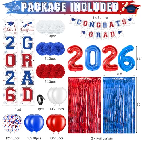 Image of Graduation Party Decorations Class of 2026, Graduation Decorations with Congrats Grad Banner Fringe Foil Curtain Paper Flower Ball Balloons for High School College Grad Party Supplies, Red Blue