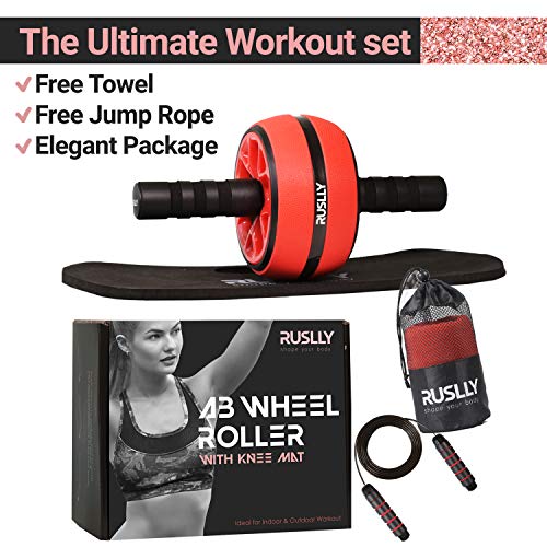 RUSLLY Ab Roller Wheel – Nonslip, Home Workout Equipment Set for Women – 4-in-1 Fitness Set with Jump/Skipping Rope, Knee Exercise Mat, Towel, Indoor/Outdoor Gym Workout Gear for Core