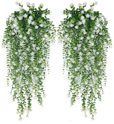 Image of VRB Dec 2 Pcs Artificial Dry Baby's Breath Greenery Hanging Plants Vines Fake Ivy Hanging Flowers Vine Wall Hanging for Home Decor,Wall,Balcony Decoration. (2, White Euclyptus Fern Hanging)