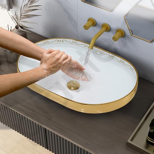 Image of Plantex Ceramic Wash Basin /Designer Hand Wash Sink for Bathroom /Oval Tabletop Washbasin /Countertop Vessel Sink for Home /Office (24x16x5 inch - Gold & White)