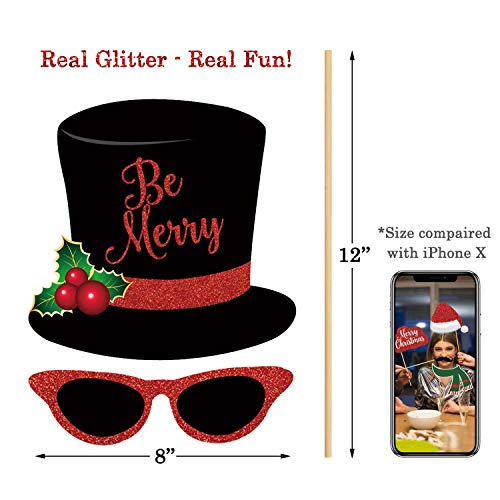 Glitter Christmas Photo Booth Props Kit - 25 Count Large Photography Party Decorations Gifts, Fun Santa Elfie Selfie Posing Signs Diy Craft Backdrop Accessories For Birthday New Year Holiday #TOP4