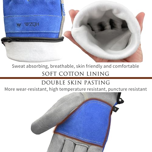 Image of WZQH Leather Work Gloves for Men or Women. X-Large Glove for Gardening, Tig /Mig Welding, Construction, Chainsaw, Farm, Ranch, etc. Cowhide, Soft Lining, Utility, Firm Grip, Durable. Blue-Grey XL