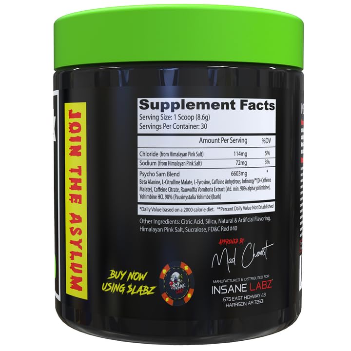Insane Labz Psycho Sam, High Stimulant Pre Workout Powder, 30 Srvgs (30 Servings (Pack of 1), Watermelon