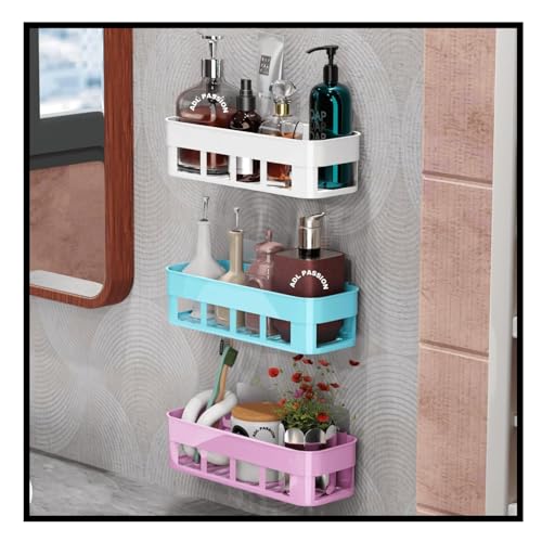 Image of Wall Mounted Self Adhesive Plastic Bathroom Shelf /Self Bathroom Shelf /Bathroom Organizer /Bathroom Accessories (White, Pink, Blue, Pack of 3)