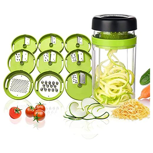 Adoric Cortador de Verdura 9 en 1 Rallador de Verduras Calabacin Pasta Espiralizador Vegetal Veggetti Slicer Pepino, Espaguetis de Calabacin, Cortador Espiral Manual (Verde)
