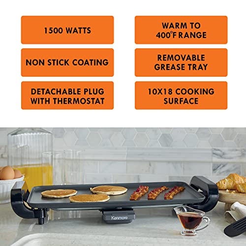 Kenmore Non-Stick Electric Griddle with Removable Drip Tray, Black, 10" x 18" Cooking Surface, Compact Countertop Cooking, Grill, Saute, Fry - Image 5