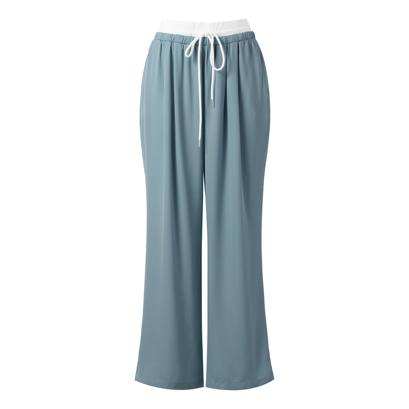 Pantalon Femme Large Décontracté Taille Haute Fluide Coupe Droite avec Cordon Contrasté Et Poches Style Casual Confortable pour Été Voyage