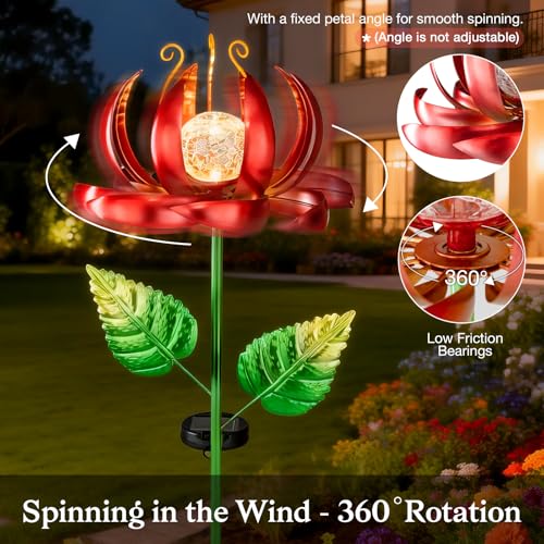 Image of Solar Yard Lights Wind Spinners- Metal Lotus Flower Garden Decor LED Crackle Glass Globe Yard Art Sculpture Solar Stake Lights for Patio Pathway Lawn Walkway (Red-Large)