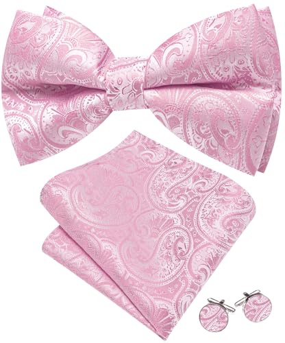 Image of Barry.Wang Paisley Striped Bow Tie for Men Silk Pre-Tied Bowtie Pocket Square Cufflinks Set Formal Wedding Party Prom