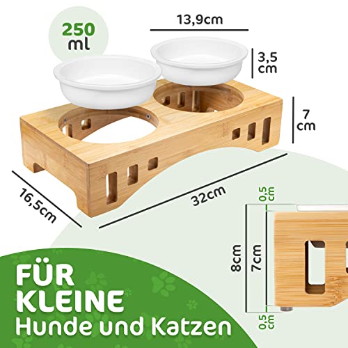 giriniwee Qualitäts Futter Bar mit Zwei super flachen 250ml Porzellannäpfen im Bambusgestell, erhöhte Doppelschale für Katzen, Kitten, kleine, Mini oder Zwerghunde, Toy Dogs & andere kleine Haustiere