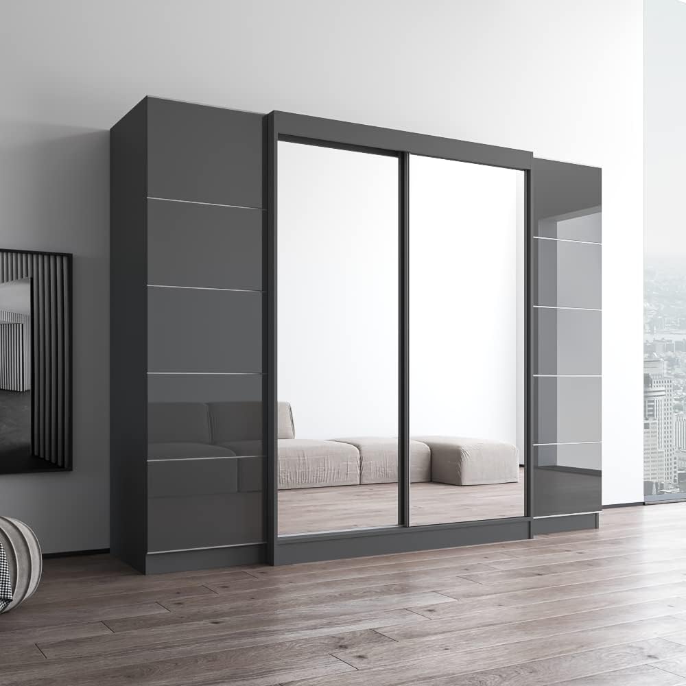 Meble Furniture Aria 2D-EXEX Modern Wardrobe with Mirrors — Spacious Shelves and Hanging Storage — 78.9" H x 102.4" W x 25.6" D — Grey