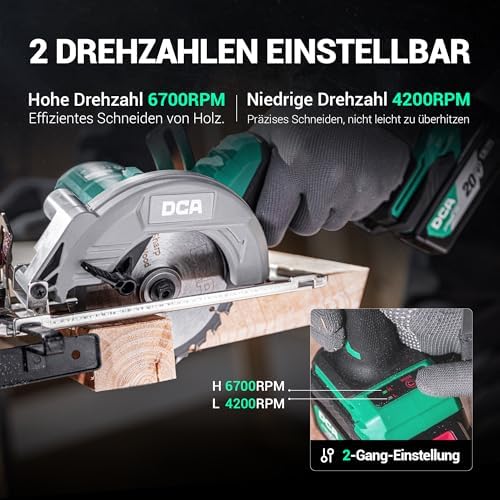Bild 2 - DCA Bürstenlose Akku-Handkreissäge 20V mit 4,0Ah Akku, 2-Gang 6700/4200RPM Kreissäge, 3 Sägeblatt Ø125mm mit Führungsschiene, 45mm(90°)/33mm(45°) Schnitttiefe, Mini Kreissäge für Holz, Plastik, PVC