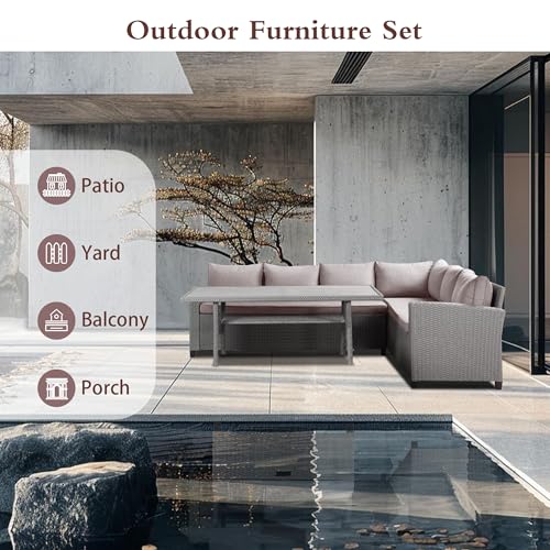 Outdoor Patio Furniture Set, Outdoor Sectional Sofa, Wicker Patio Furniture Patio Couch, Wicker Rattan Dining Table and Chairs Set for 7 People, Patio Conversation Set for Porch, Deck, Backyard