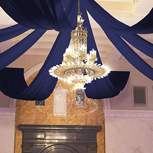 Image of FOTSHARER Wedding Ceiling Drapes Navy Blue Chiffon Drapes for Wedding 2 Panels 5ftx20ft Sheer Ceiling Panels Navy Weddings Arch Drapery Fabric Tulle Backdrop Curtains Drape for Event Hall Decor