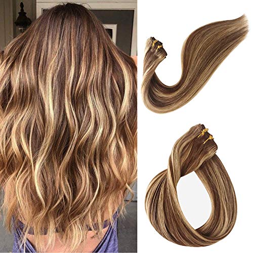 Clip on Hair Extensions Human Hair Double Weft Clip in Real Remy Hair Extensions for Women Balayage Medium Brown with Strawberry Blonde Highlights Silky Straight Full Head 70G 7pcs 16 Clips 22 Inch