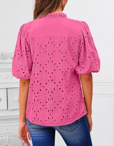 BETTE BOUTIK Women's Long Short Sleeve Tops 2025 Dressy Casual Button Hollow Out Lace Embroidered Blouses Shirts