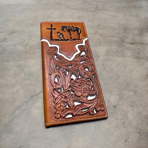 Men’s Long Leather Wallet – Embossed Cowboy Praying at Cross with Laser Cut Floral Design – Christian Rodeo Bifold Wallet for Ranchers, Cowboys & Faith-Based Gifts2