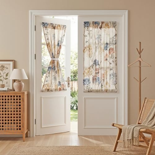 Image of MYSKY HOME Floral Linen French Door Curtains 40 inch Long Set of 2 for Front Door - Light Filtering Privacy Semi Sheer Window Curtains with Rod Pocket, Yellow, 24 inch W Each Panel