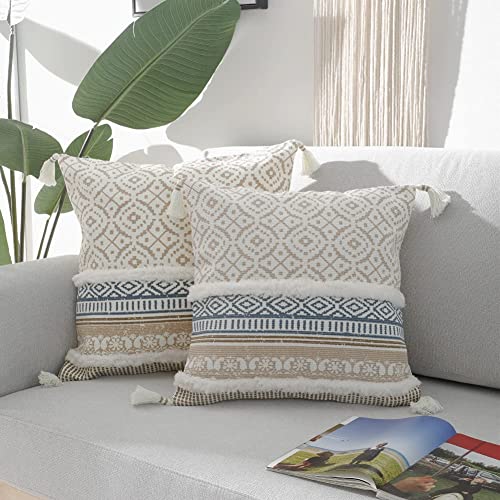 Image of Modern Homes Boho Tufted Decorative Throw Pillow Covers for Couch Sofa - Moroccan Style Cushion Covers with Tassels, Accent Decor Pillow for Bedroom Living Room (Khaki, 16x16 inch)