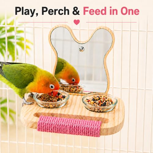 Image of Bird Mirror with Perch and Feeder, Wooden Birds Toys Bird Cage Accessories for Parrots to Expend Energy, Interactive Toys for Greys Amazons Parakeet Cockatiel Conure Lovebirds Finch Canaries