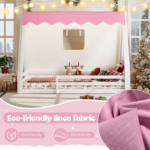 Image of CZBZ Twin Size House Floor Bed with Canopy Tent and LED Lights, Wood Teepee Montessori Floor Beds Frame with Guardrails for Kids, Playhouse Design for Safe Sleep & Imaginative Play