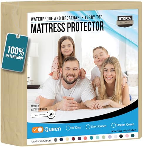 Utopia Bedding Waterproof Mattress Protector Queen Size, Premium Terry Mattress Cover 200 GSM, Breathable, Fitted Style with Stretchable Pockets (Beige)