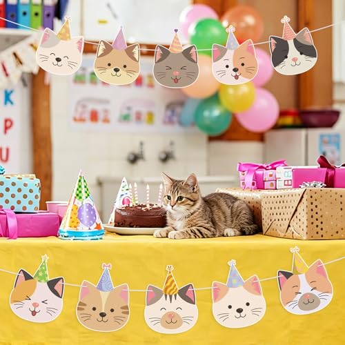 Image of Cat Birthday Banner for Cat Birthday Party Decorations Funny Cats Face Banner Garlands for Kids Girls Boys Party Supplies