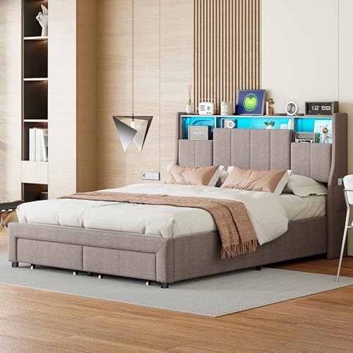 BRYXR Polsterbett 140x200 cm, Stylisches Doppelbett mit LED-Beleuchtung, USB-Anschlüssen und Stauraum, Elegantes Bett mit 2 Schubladen & Lattenrost in Grau, ohne Matratze