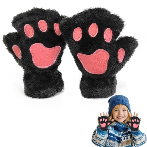 EQLEF Gant Chat Griffe, Gants Sans Doigts Mitaine Filles Patte de Chat Mignon Gants en Peluche D'hiver Chauds Gant Cosplay pour Enfants et Filles (Noir, 17cm)