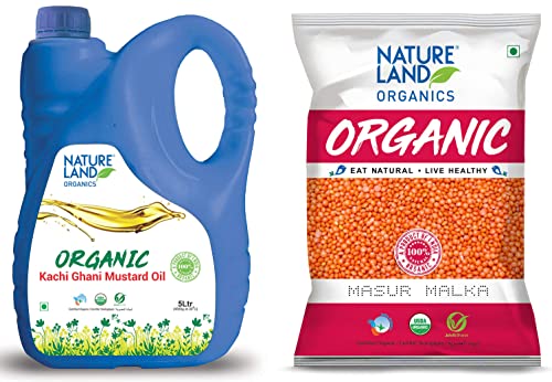 Image of Natureland Organics Mustard Oil Jar, 5 L & Malka Masoor /Red Masoor Dal Pouch, 1 kg