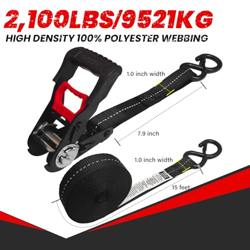 Image of Ratchet Straps (4 Pack) - 1in x 15ft Motorcycle Strap Tie Downs with 15ft Soft Loops - 2,100lb Break Strength Ratchet Tie Down Straps for Motorcycles, Truck, Cargo - Safety S Hook, Storage Bag