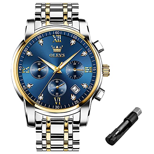 Montre chronographe pour homme - Bracelet en acier inoxydable doré et argenté - Montre à quartz analogique pour homme - Lumineuse et étanche, Cadran bleu/bracelet doré argenté, Round, Style sportif Cover