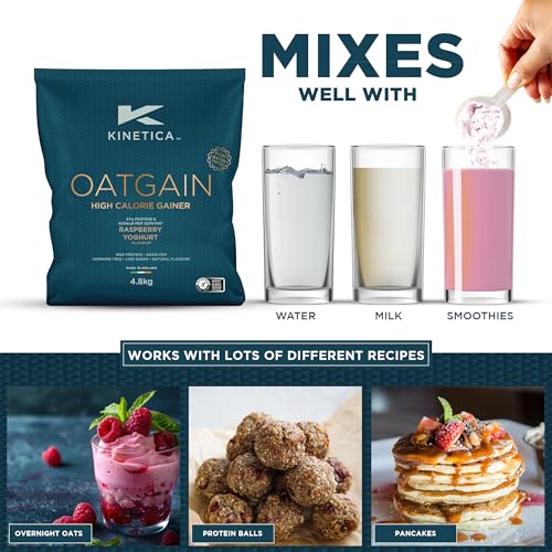 Kinetica Sports OatGain Weight Gainer - Raspberry Yoghurt Flavour | 630 Cal, 46g Protein & 82g Carbs/Serve, 30 Servings/4.8Kg | Optimum Grass Fed Protein Supplement | High Calorie & Easy Mixability - Image 4