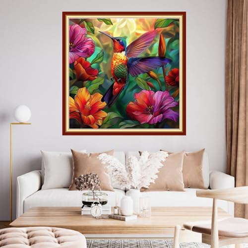 Image of Funchey Stamped Cross Stitch Kits, DIY Cross Stitch Pattern for Adults Beginners Needlepoint Kits Embroidery Kit Arts and Crafts 11CT-Hummingbird Flowers 18x18 inchs