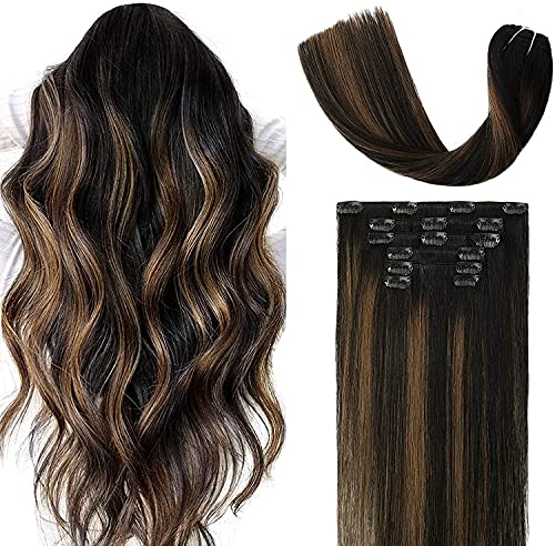Clip in Hair Extensions Human Hair 20In Ombre Natural Black mixed Chestnut Brown 70g 7 Pieces,100% Remy Human Hair Extensions No Synthetic Human Hair Clip in Extensions, Hair Extensions for Women